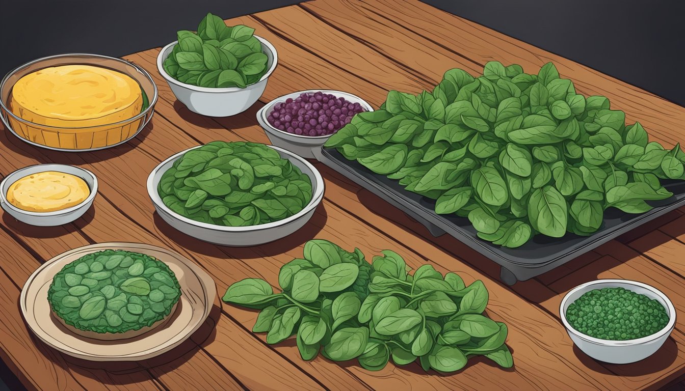 A colorful array of fresh and frozen spinach varieties arranged on a rustic wooden table, with a quiche baking in the background