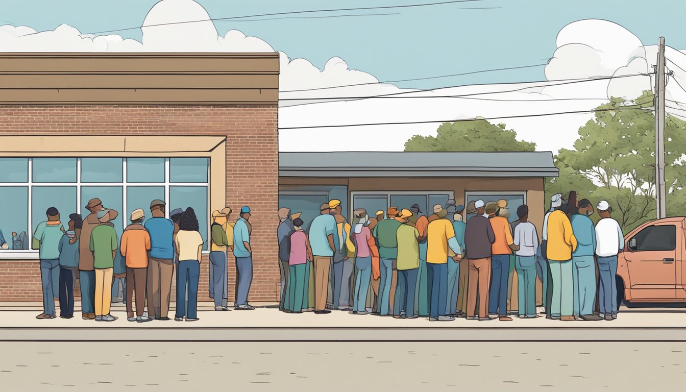 People lined up outside a food pantry in Cooke County, Texas, waiting for free groceries