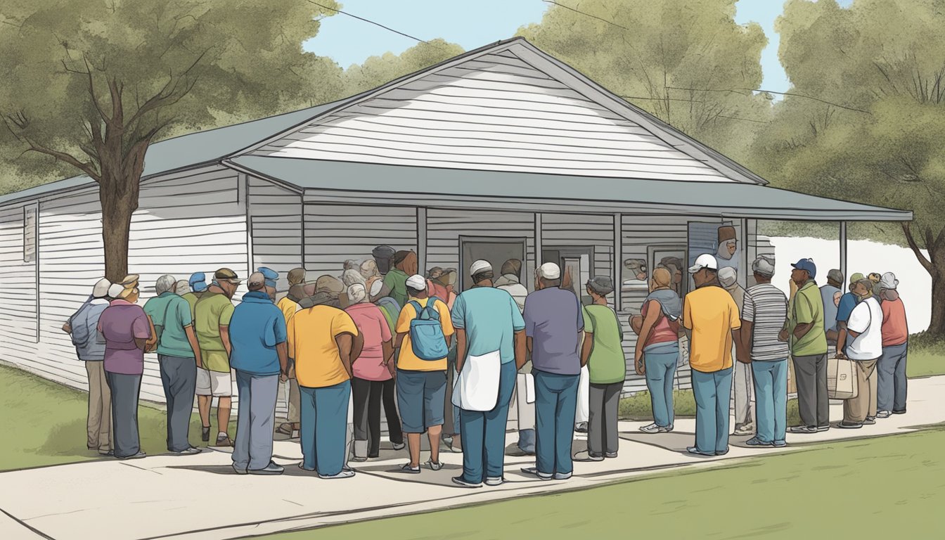 A line of people waits outside a food pantry in Calhoun County, Texas. Volunteers distribute groceries to those in need