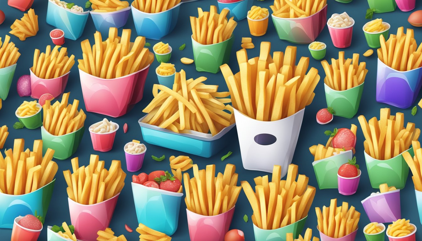 A colorful display of fresh and frozen french fries arranged in a competitive manner, surrounded by symbols of consumer preferences and trends