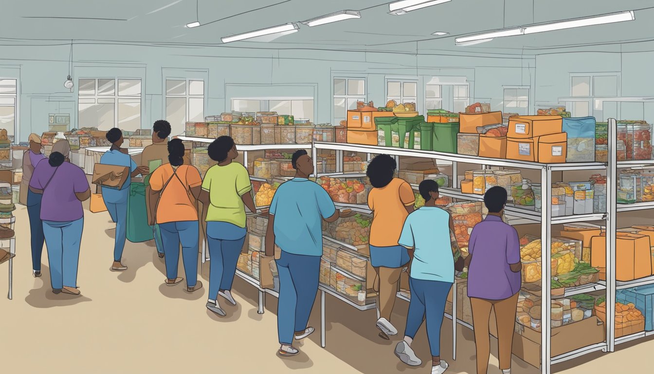 A bustling food pantry in Cooke County, Texas, with volunteers distributing free groceries to those in need