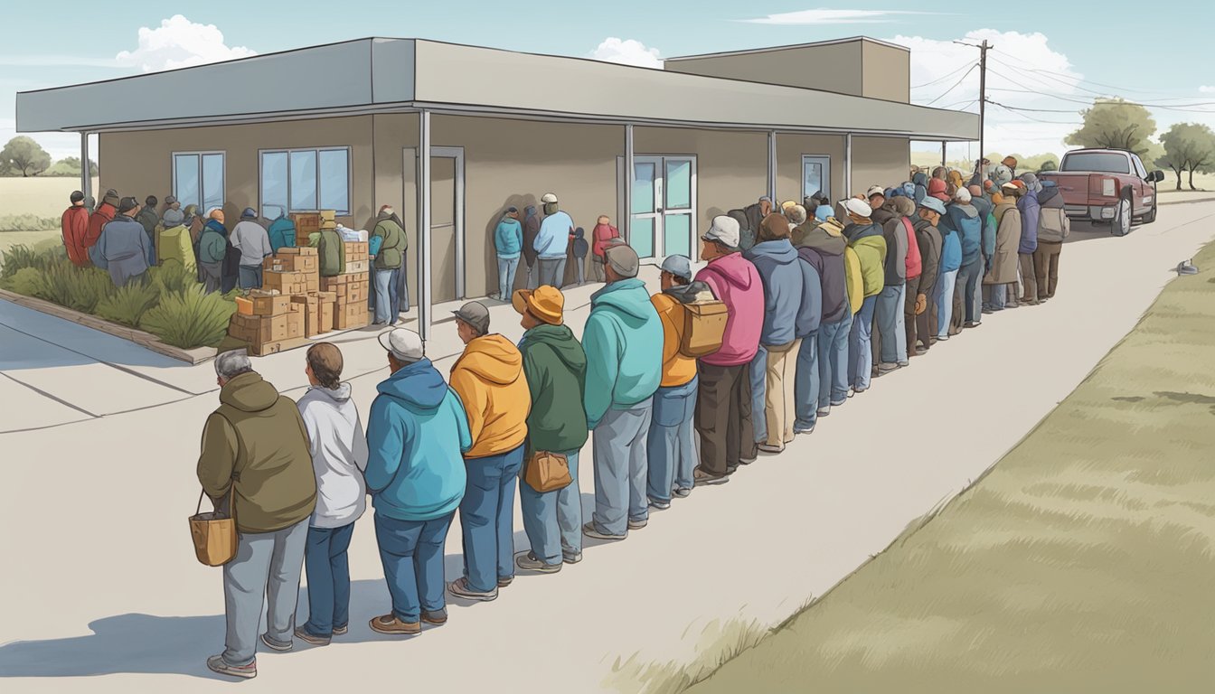 A line of people waits outside a food pantry in Concho County, Texas. Volunteers distribute free groceries to those in need