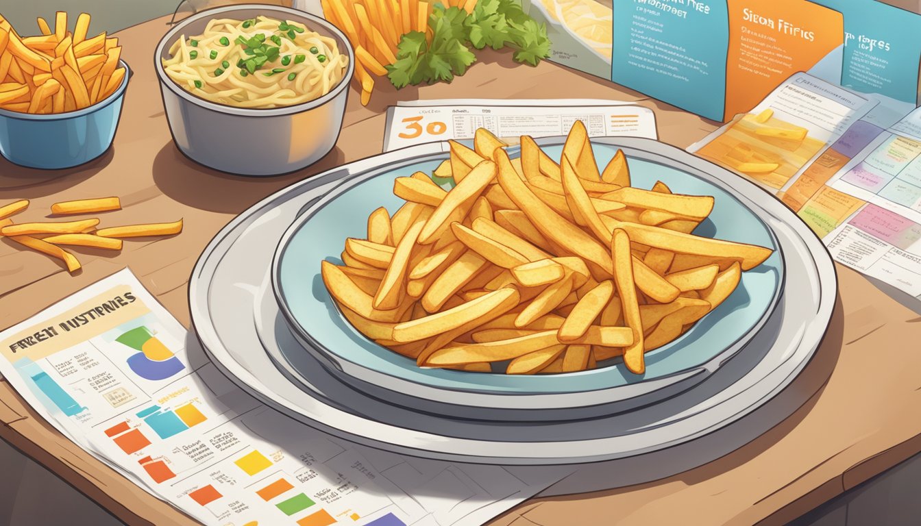 A steaming plate of fresh-cut fries faces off against a bag of frozen fries, surrounded by colorful charts and nutritional information