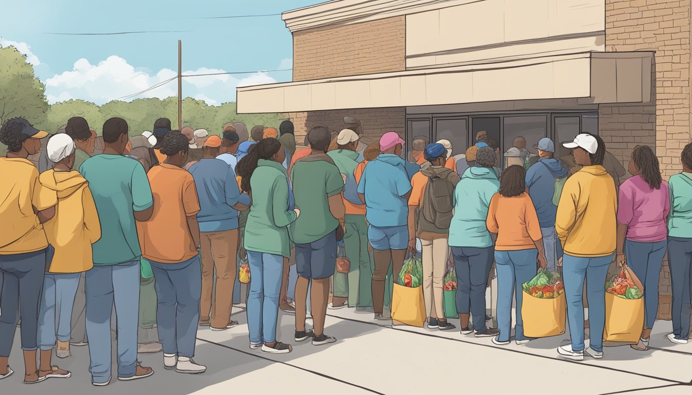 A line of people wait outside a food pantry in Cooke County, Texas, as volunteers distribute free groceries to eligible residents in need