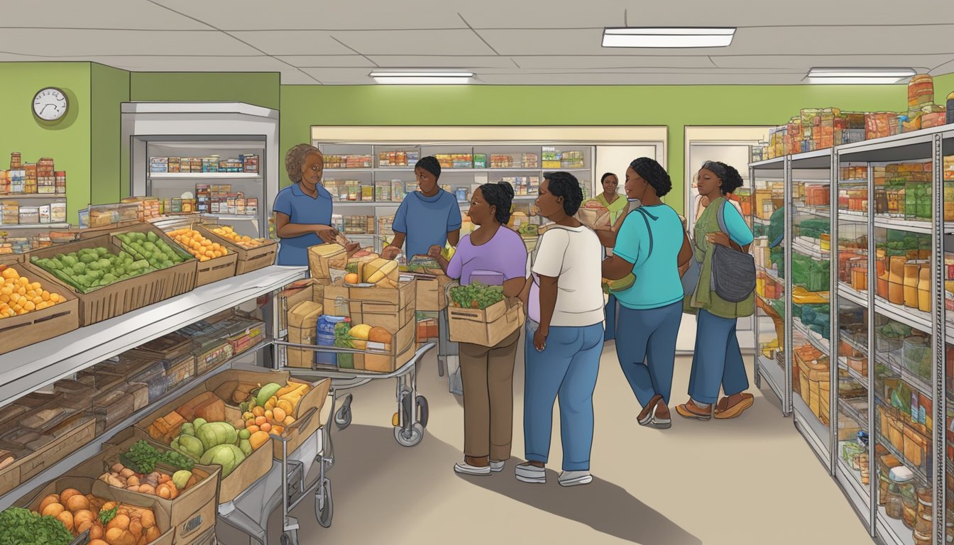 A bustling food pantry in Cooke County, Texas, with a diverse group of people accessing free groceries. The pantry is open during convenient operating hours, ensuring accessibility for those in need