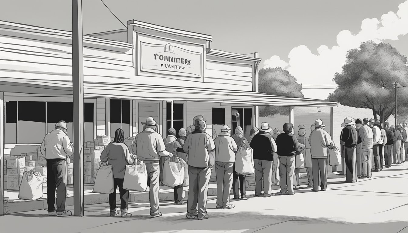 A line of people waiting outside a small food pantry in Concho County, Texas. Volunteers hand out bags of groceries to those in need