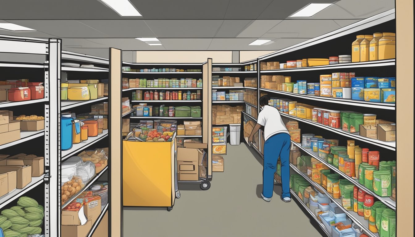 A bustling food pantry in Cooke County, Texas, with shelves stocked full of groceries and volunteers assisting those in need