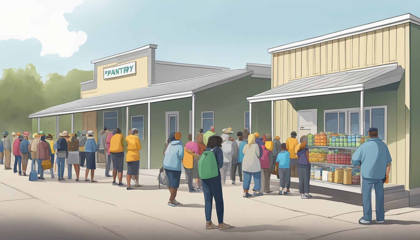 A line of people waiting outside a food pantry in Camp County, Texas, with volunteers handing out free groceries