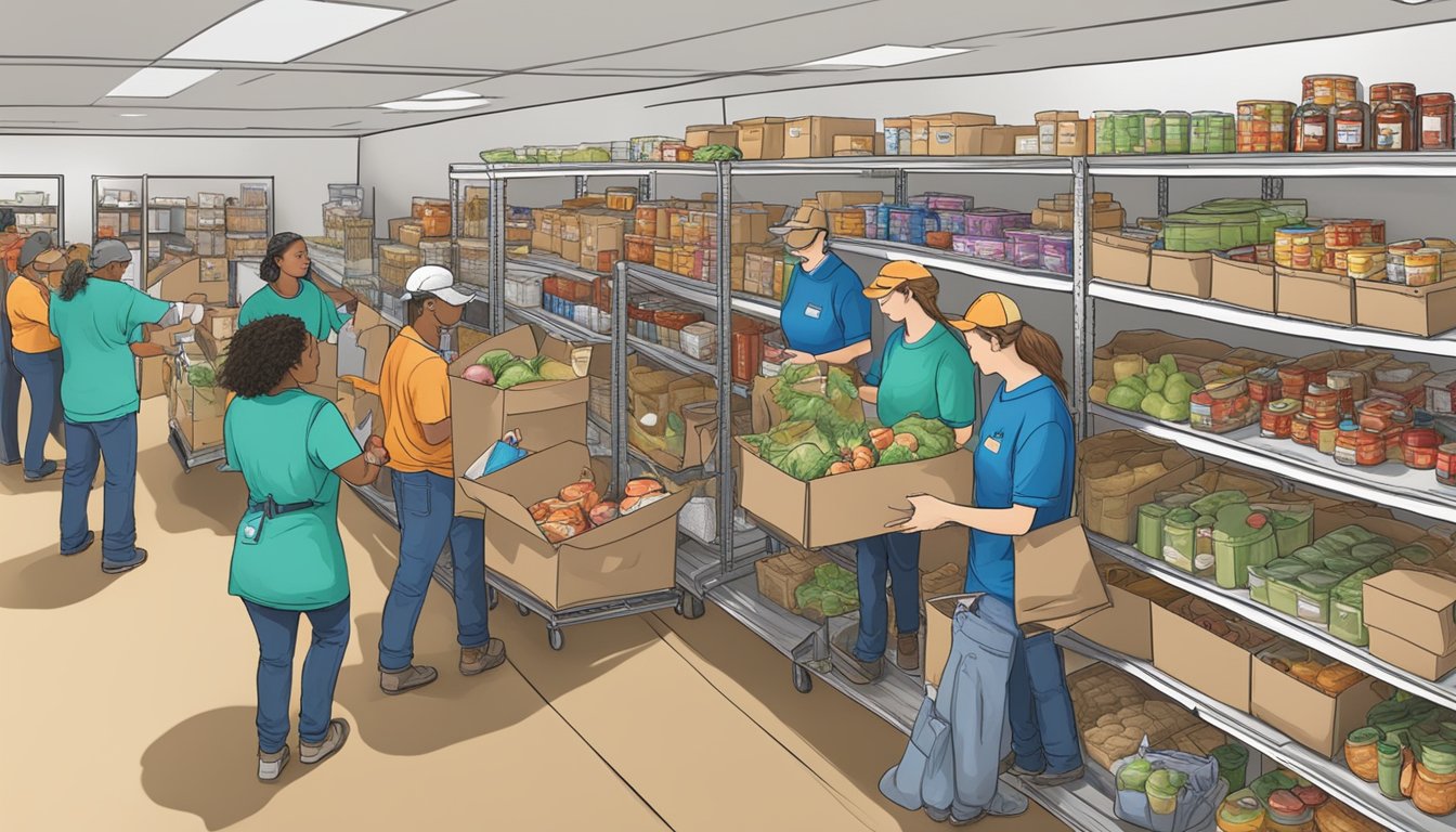 A bustling food pantry in Concho County, Texas, with volunteers handing out free groceries to those in need