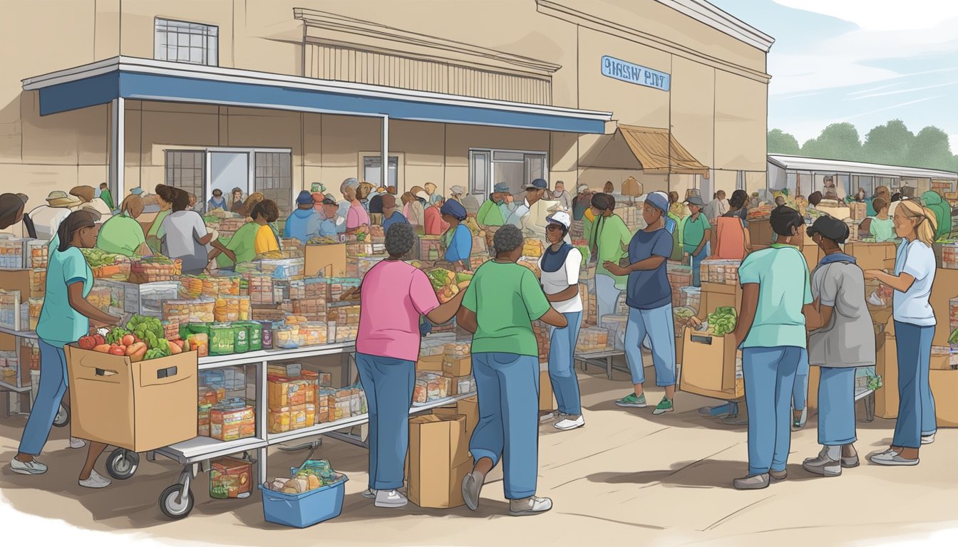 A bustling food pantry in Camp County, Texas, with volunteers distributing free groceries to those in need