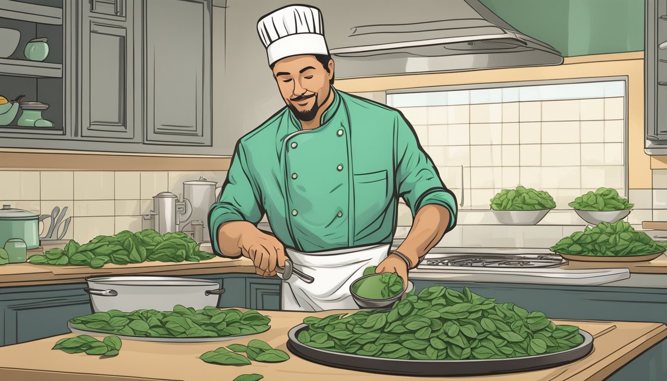 A chef carefully selects fresh spinach leaves for a quiche, while a bag of frozen spinach sits nearby. The vibrant greens contrast against the neutral tones of the kitchen