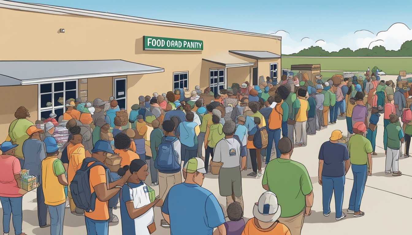 People line up outside a food pantry in Cooke County, Texas, waiting to receive free groceries and food items. Volunteers are seen organizing and distributing the items to those in need