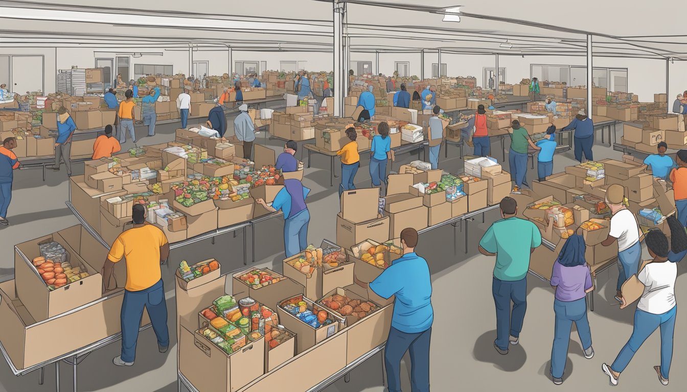 A bustling food pantry in Camp County, Texas, with volunteers distributing free groceries to those in need