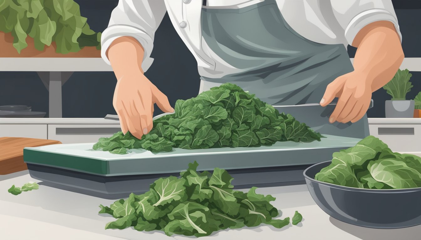 A chef chopping fresh collard greens while a bag of frozen collard greens sits unopened on the counter