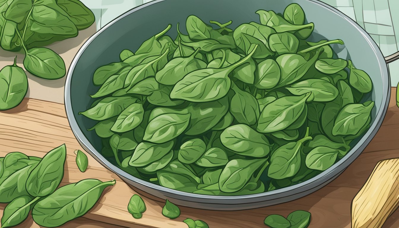 Fresh spinach leaves being carefully washed and dried, while a bag of frozen spinach sits nearby. A selection of vibrant green leaves are displayed, ready to be used in a savory pie