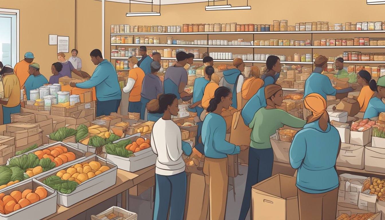 A bustling food pantry with volunteers distributing groceries to those in need