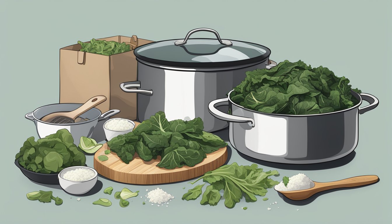 A steaming pot with fresh collard greens being cooked alongside a bag of frozen collard greens, with various cooking utensils and ingredients scattered around