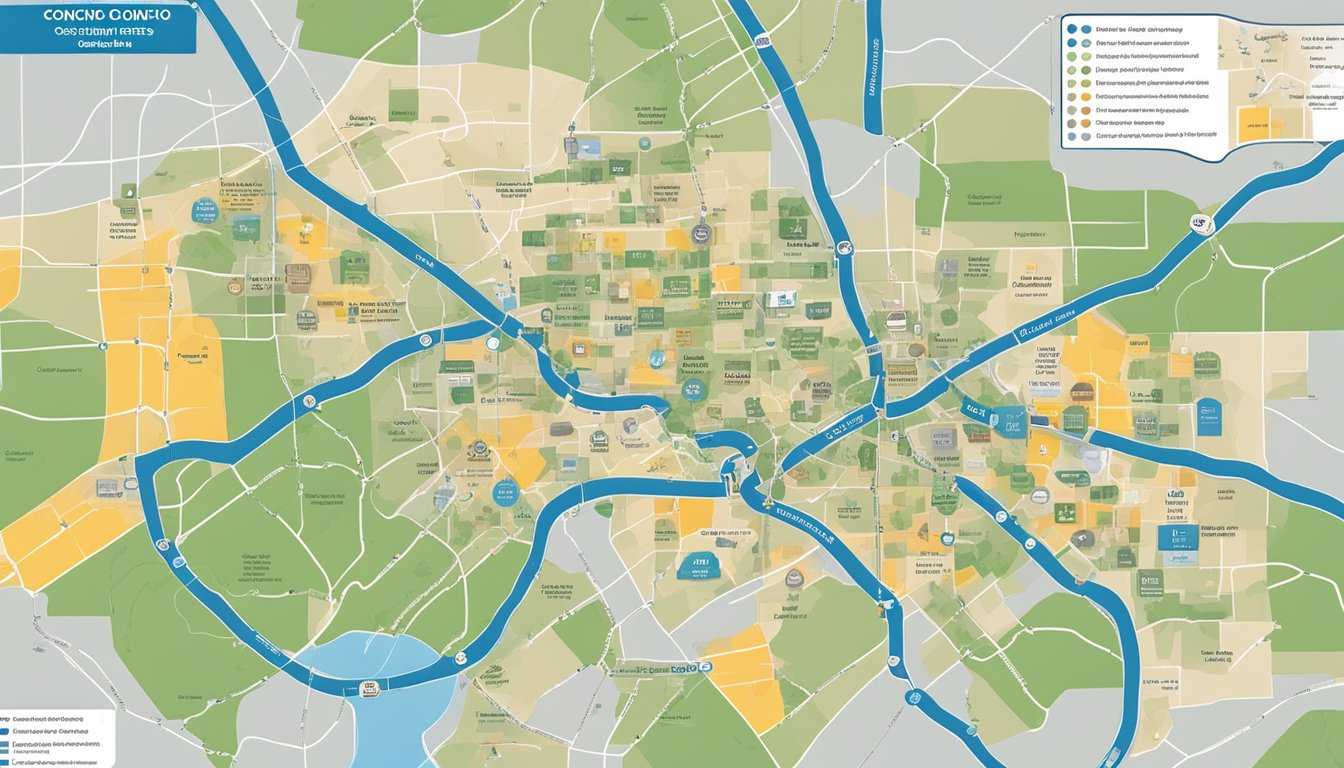 A map of Concho County, Texas with highlighted locations of free groceries and food pantries for those in need