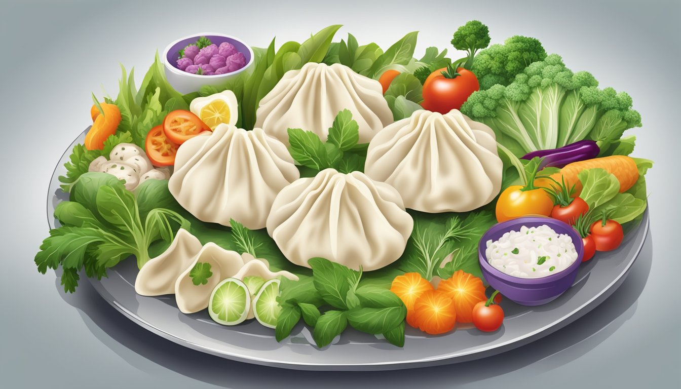 A steaming plate of fresh and frozen dumplings, surrounded by vibrant vegetables and herbs, with a focus on the texture and appearance of each type