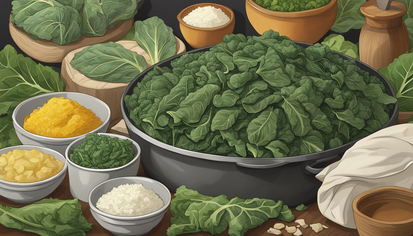 A table with a pile of fresh collard greens on one side and a bag of frozen collard greens on the other, surrounded by various cooking ingredients and utensils