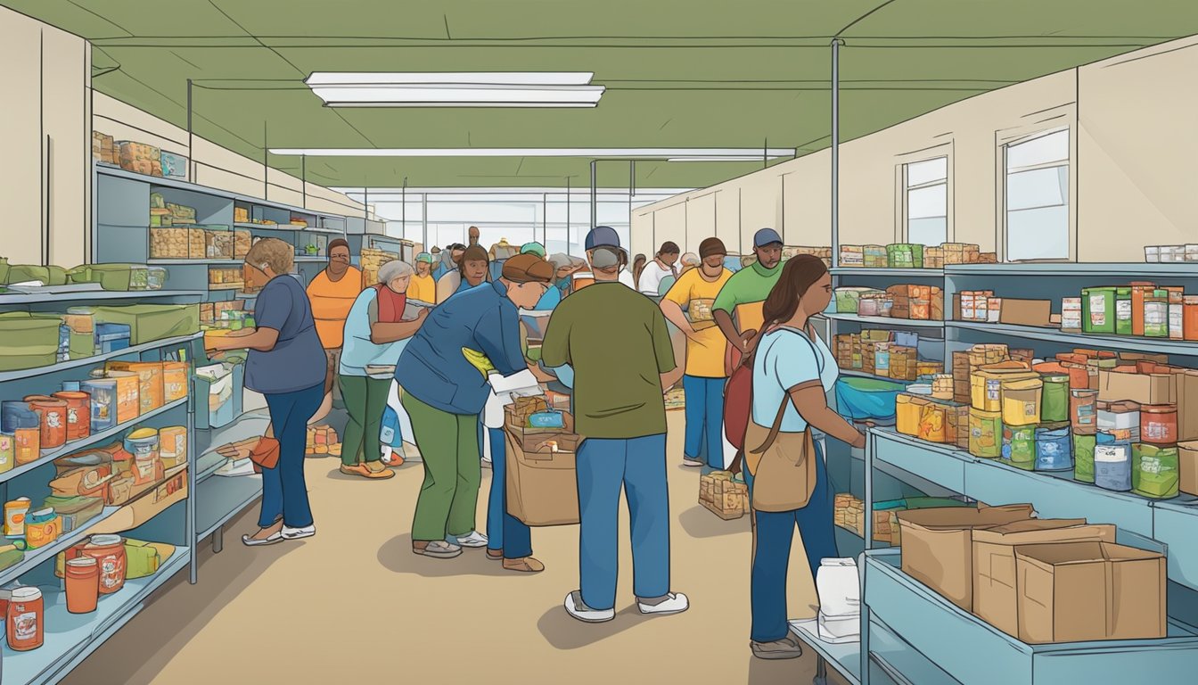 A bustling food pantry in Camp County, Texas, with volunteers distributing free groceries to those in need