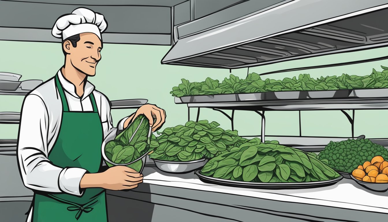 A chef carefully selects fresh spinach from a farmer's market, while a bag of frozen spinach sits in the background. A quiche sits on the counter, ready to be filled with the chosen greens