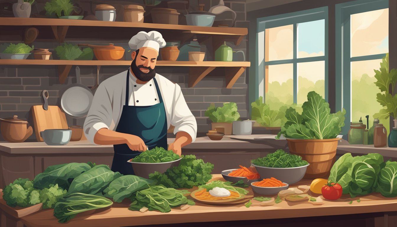 A chef in a rustic kitchen, surrounded by fresh collard greens, is preparing a traditional Southern meal, with various dishes paired with the greens