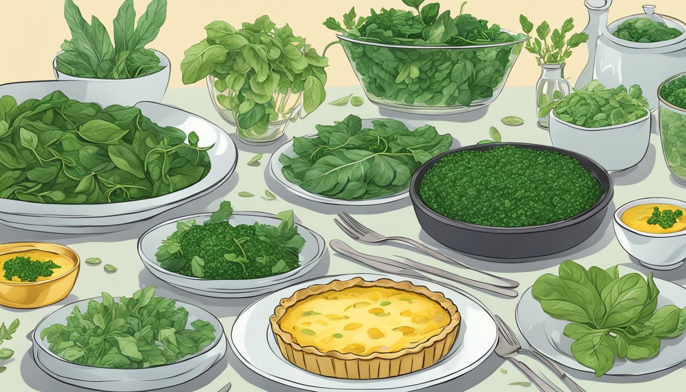 A table set with a variety of fresh and frozen spinach, alongside a golden, steaming quiche. A selection of colorful greens and herbs scattered around the dish