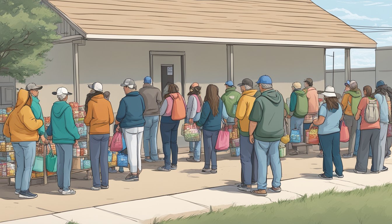 A line of people waits outside a small food pantry in Crane County, Texas. Volunteers hand out bags of groceries to those in need