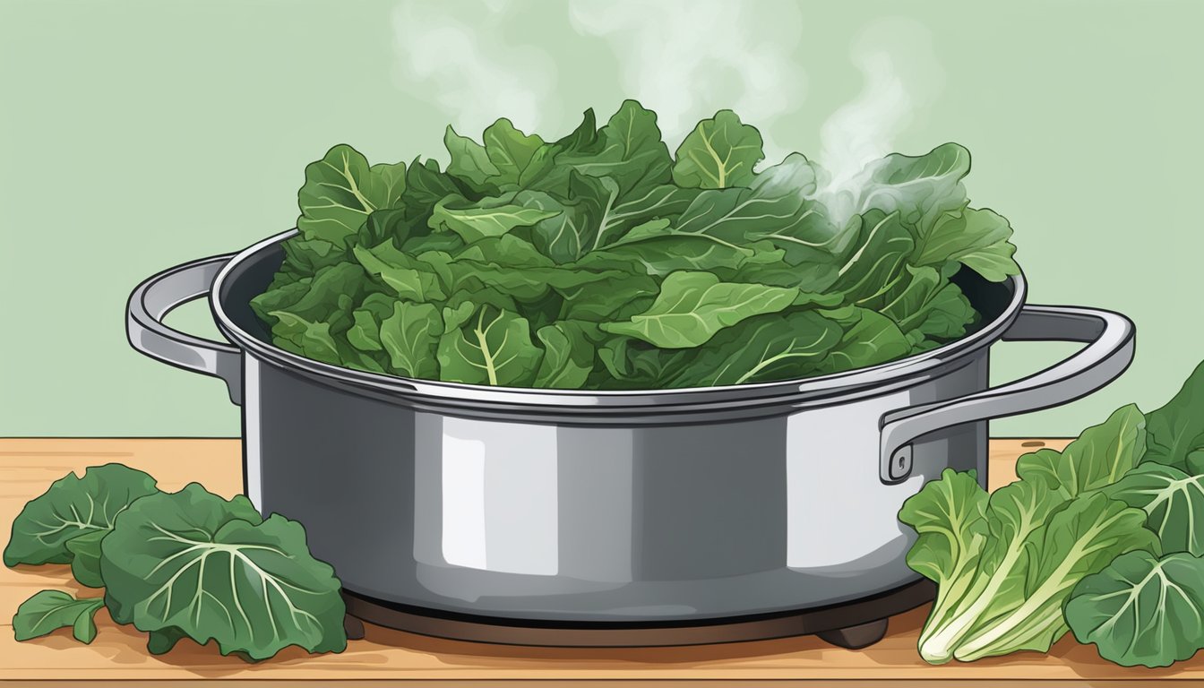 A steaming pot of fresh collard greens simmering on a stovetop, surrounded by vibrant green leaves and a scattering of seasoning