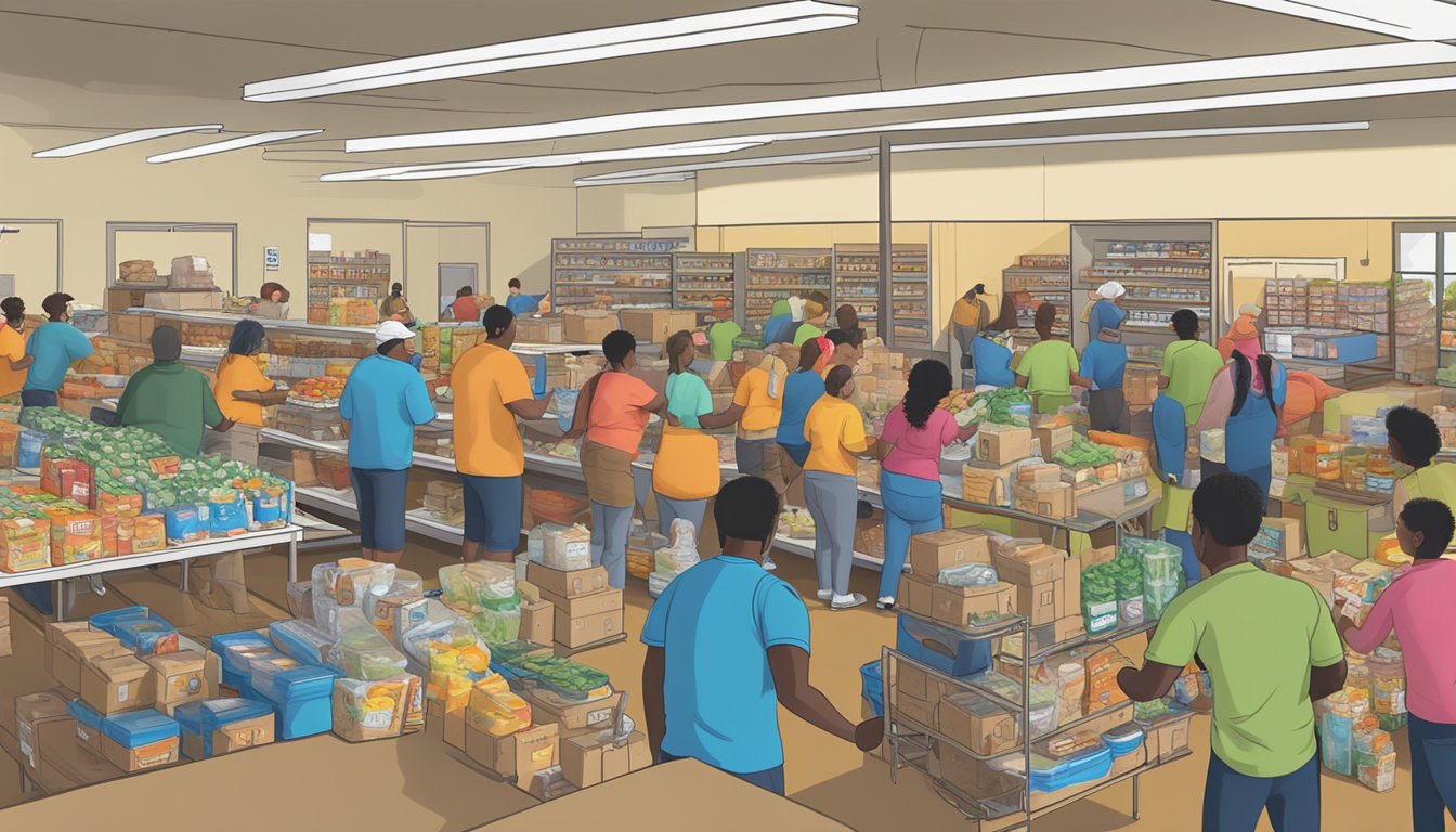 A bustling food pantry in Camp County, Texas, with volunteers distributing free groceries to those in need