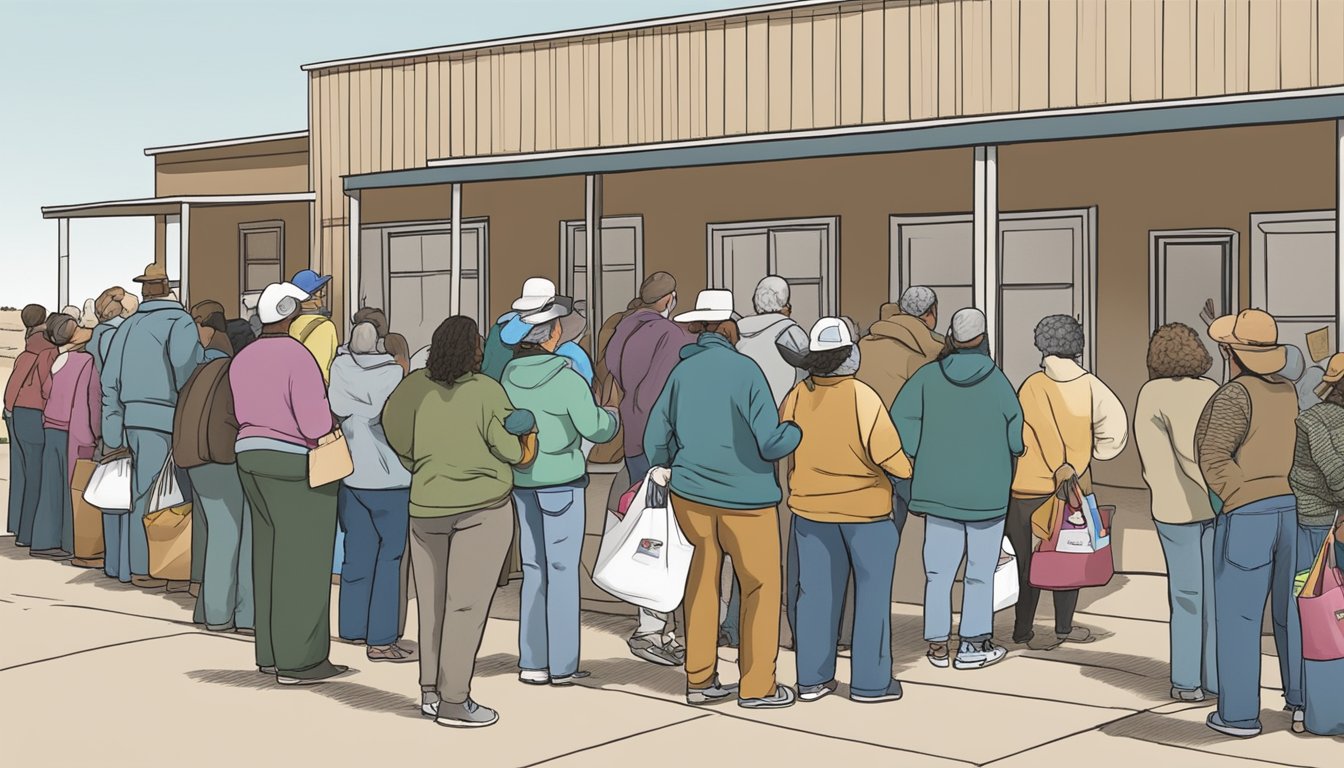 A line of people wait outside a small food pantry in Crane County, Texas, as volunteers hand out bags of free groceries