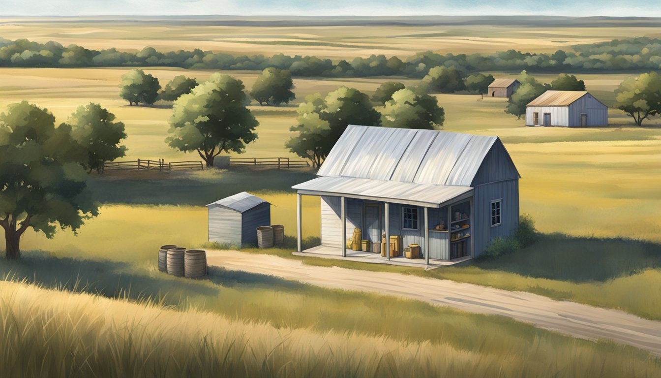 A rural landscape with a small food pantry building surrounded by open fields and a few scattered homes in Cottle County, Texas