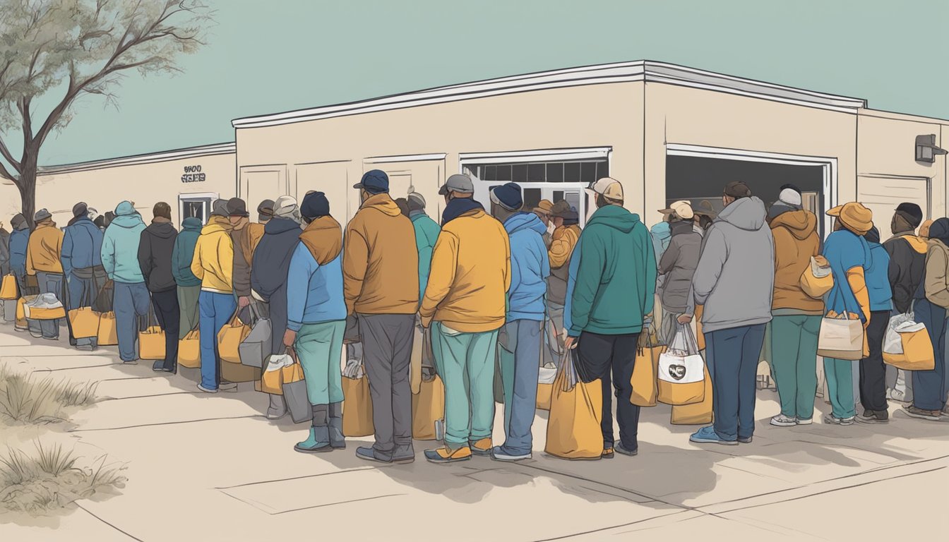 A line of people wait outside a food pantry in Crane County, Texas. Volunteers hand out bags of groceries to those in need