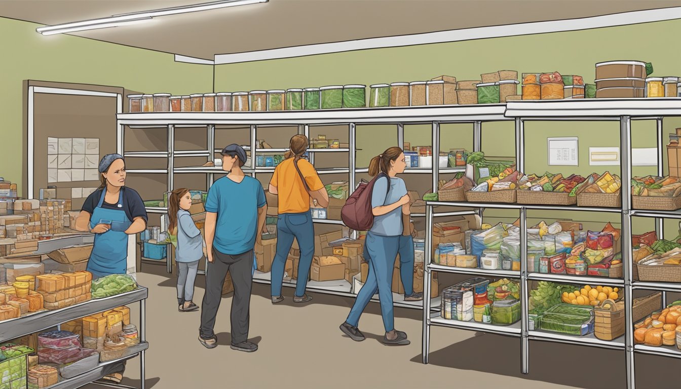 A bustling food pantry in Cottle County, Texas, with volunteers distributing free groceries to those in need