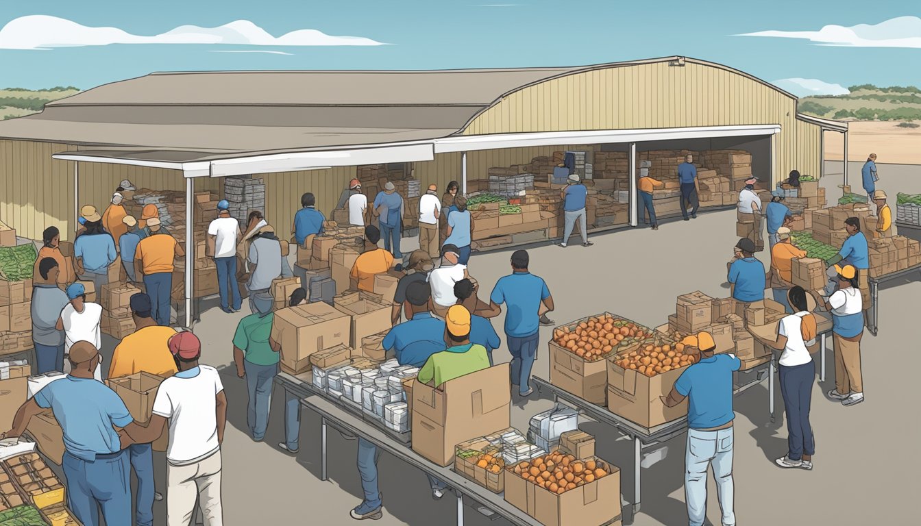 A bustling food distribution center in Crane County, Texas, with volunteers handing out free groceries to those in need