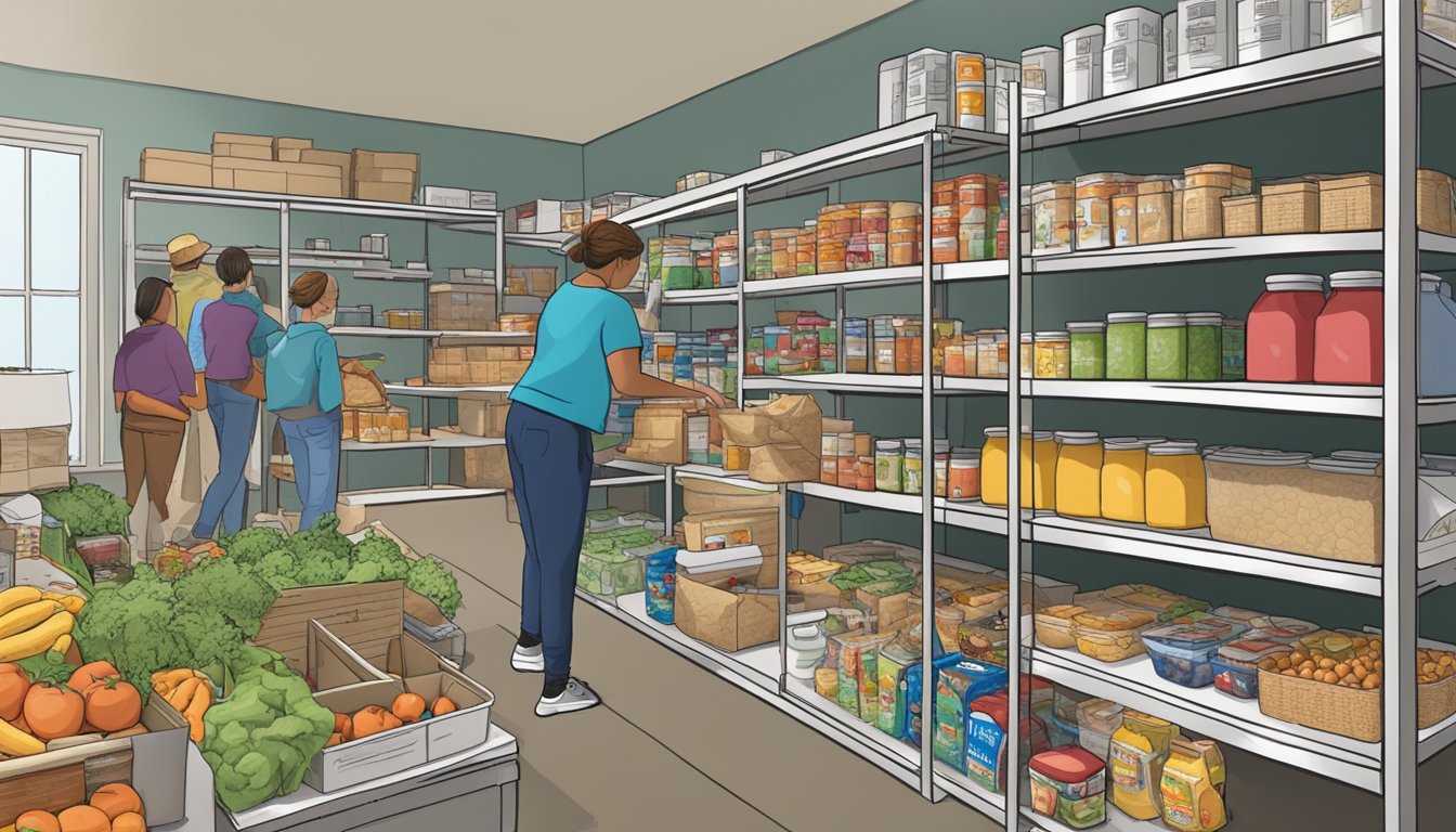 A bustling food pantry in Crane County, Texas, with volunteers distributing free groceries and providing nutritional education and support to those in need