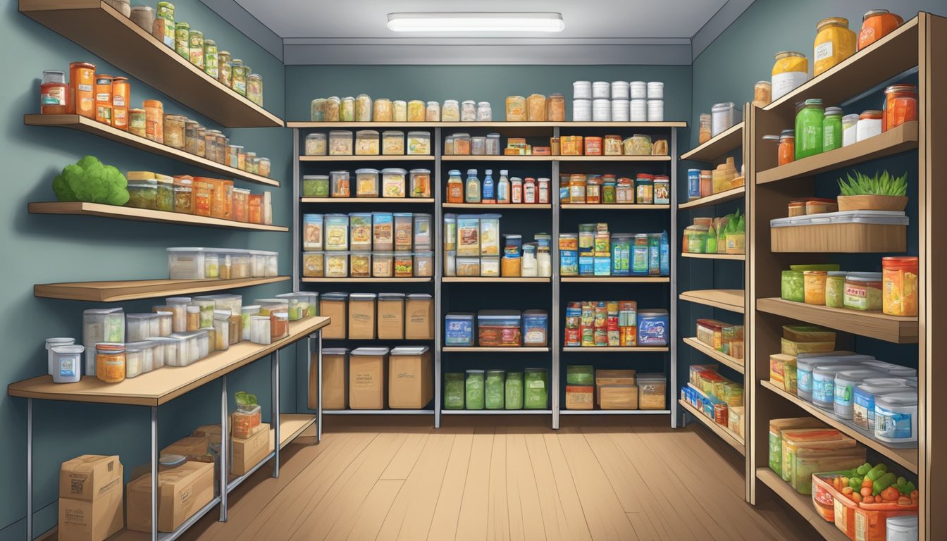 A small rural food pantry in Cottle County, Texas, with shelves stocked with free groceries and volunteers assisting those in need