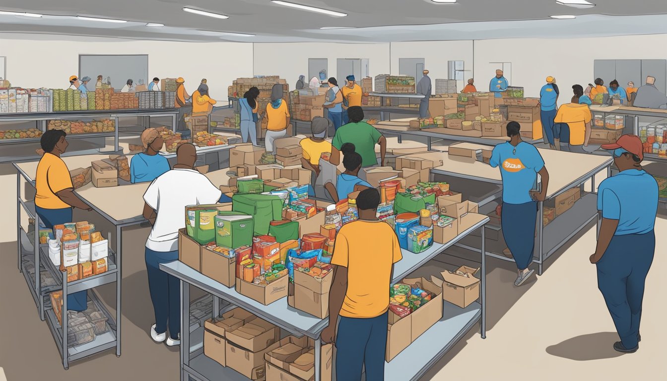 A bustling food pantry in Crane County, Texas, with volunteers distributing free groceries to those in need