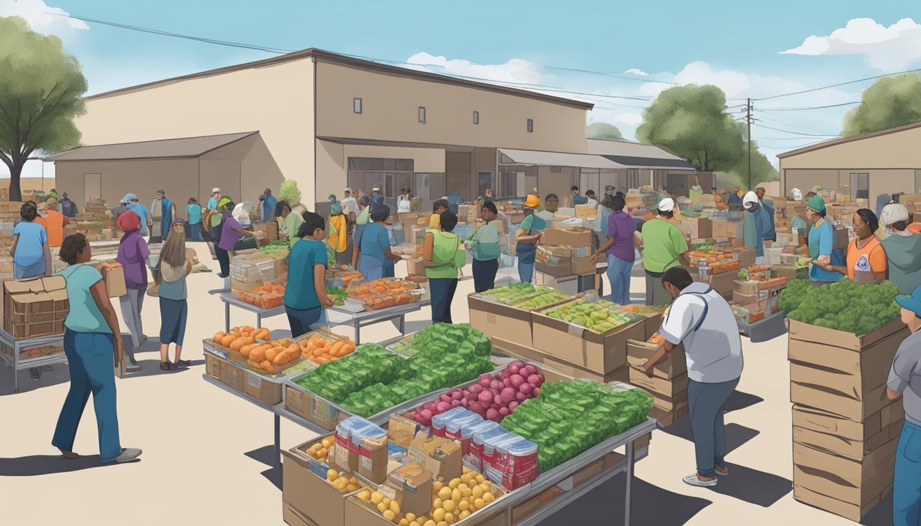 A bustling food pantry in Cottle County, Texas, with volunteers distributing free groceries to those in need