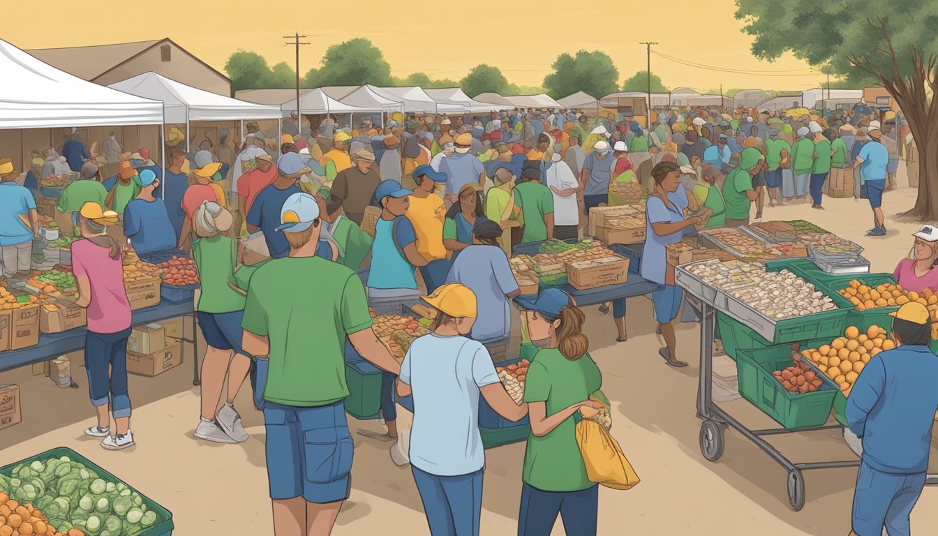 A bustling food distribution event in Crane County, Texas, where volunteers and community members work together to provide free groceries and pantry items to those in need