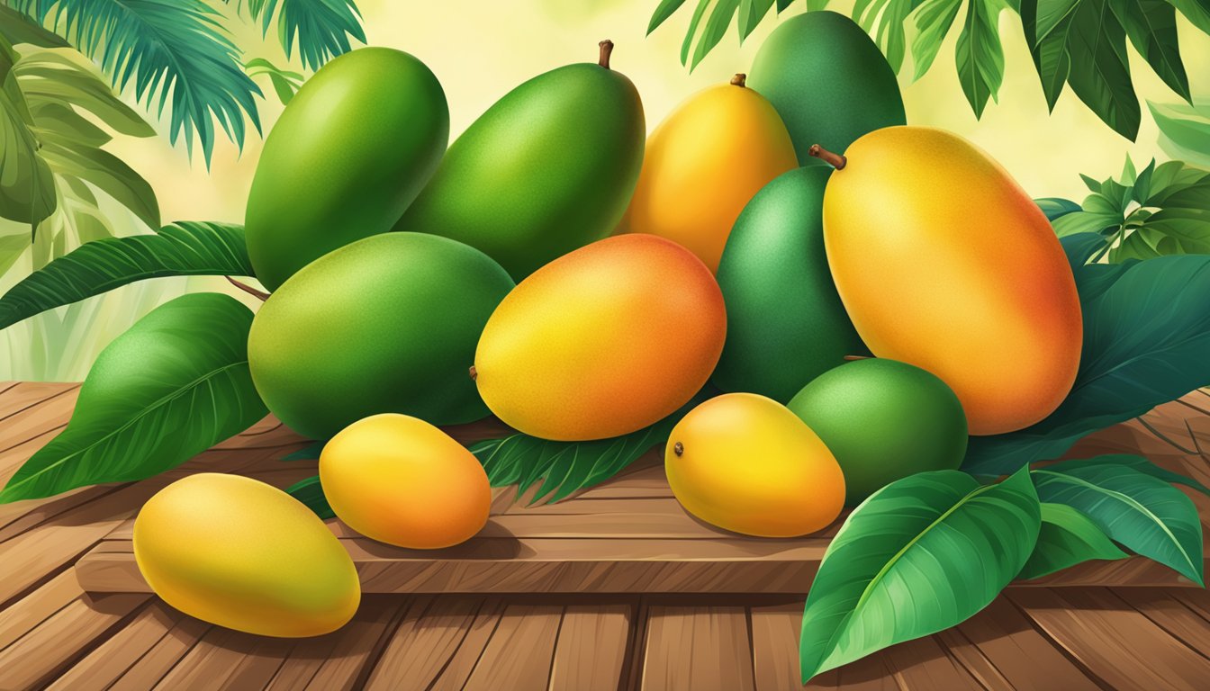 A pile of fresh and frozen mangoes, each representing a different variety, sit on a wooden table with vibrant tropical foliage in the background