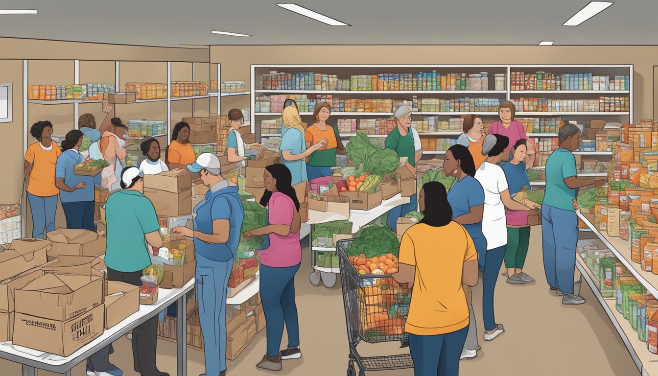 A bustling food pantry in Cottle County, Texas, with volunteers distributing free groceries to those in need