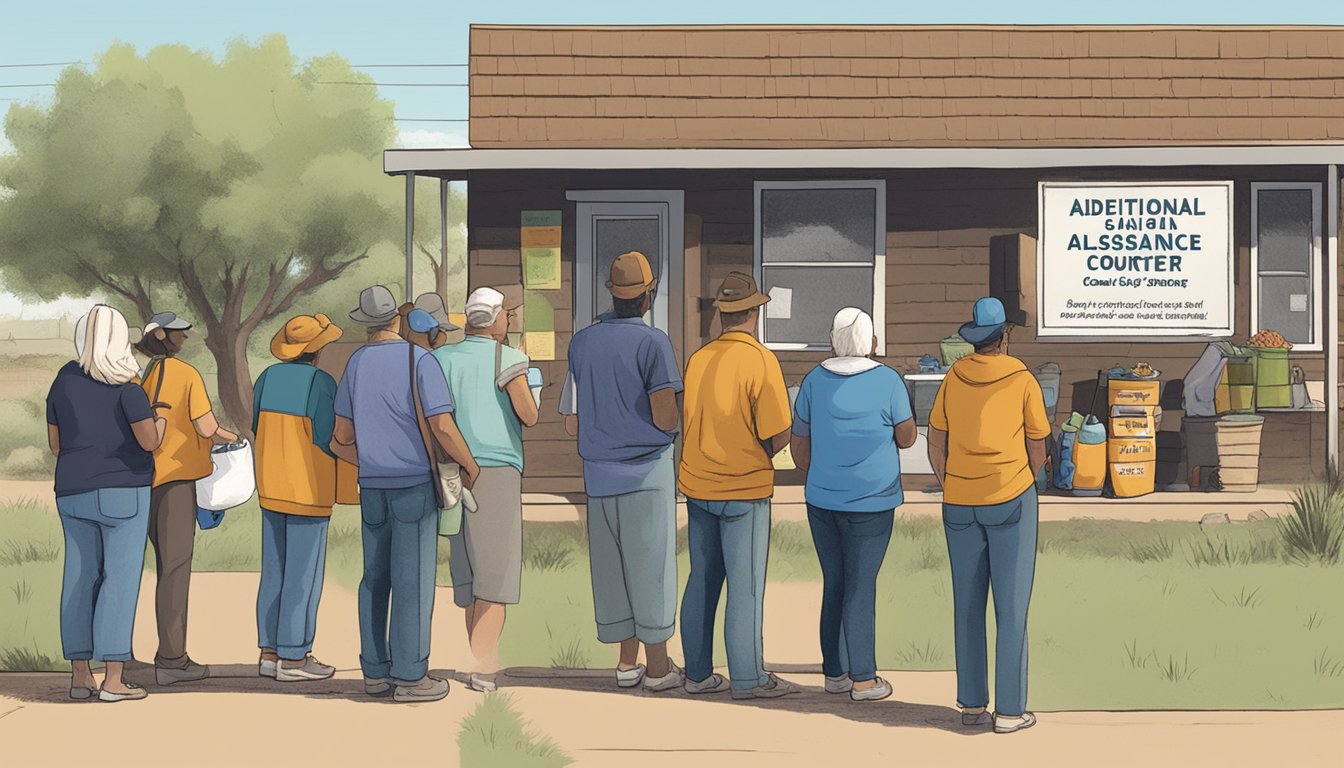 A line of people wait outside a small building with a sign reading "Additional Food Assistance Locations" in Crane County, Texas. Volunteers distribute free groceries and food to those in need