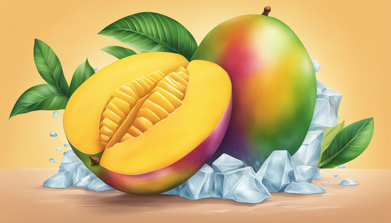 A vibrant illustration of a frozen and fresh mango facing off, showcasing their nutritional profiles through colorful and appetizing fruit imagery