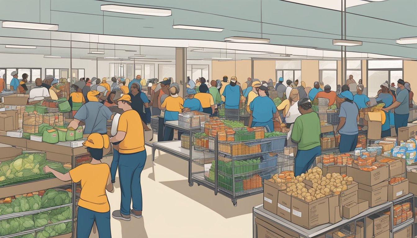 A bustling food pantry in Cottle County, Texas, with volunteers distributing free groceries to those in need