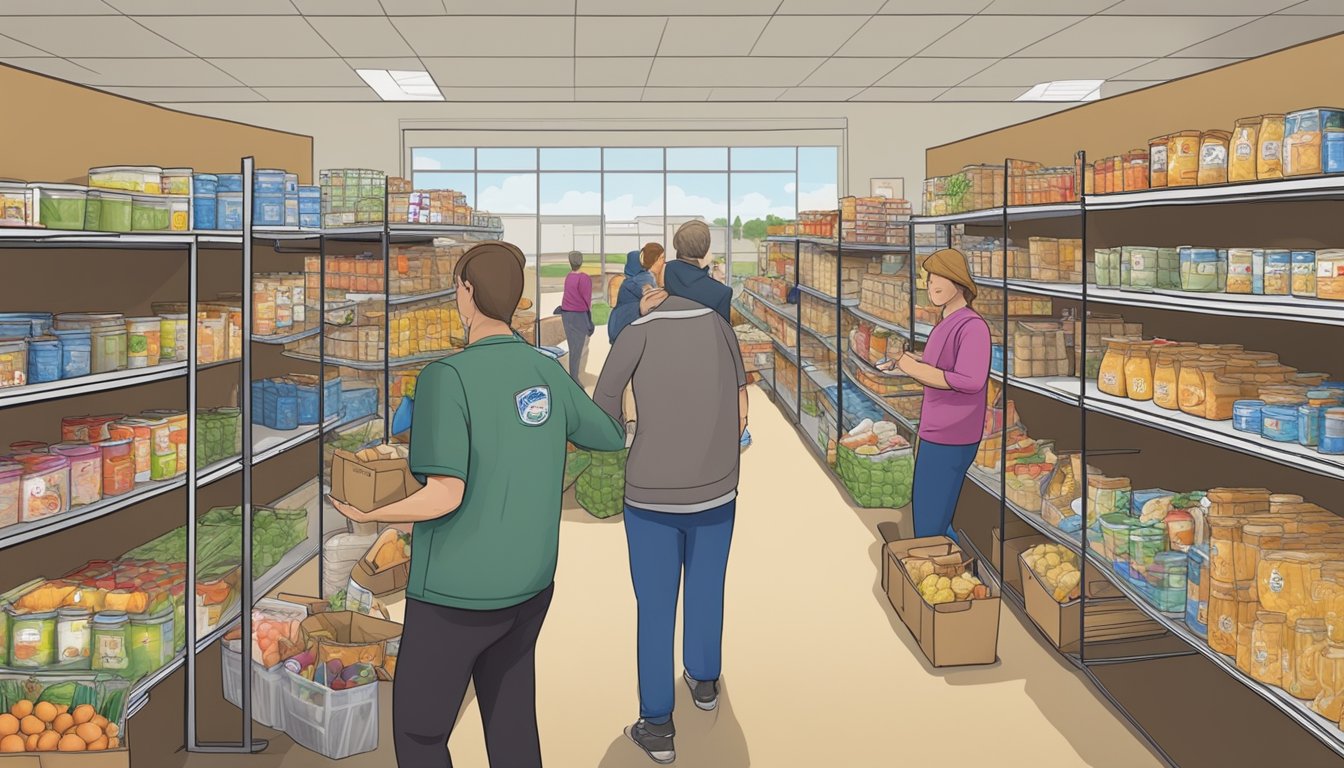 A bustling food pantry in Cottle County, Texas, where volunteers distribute free groceries to those in need