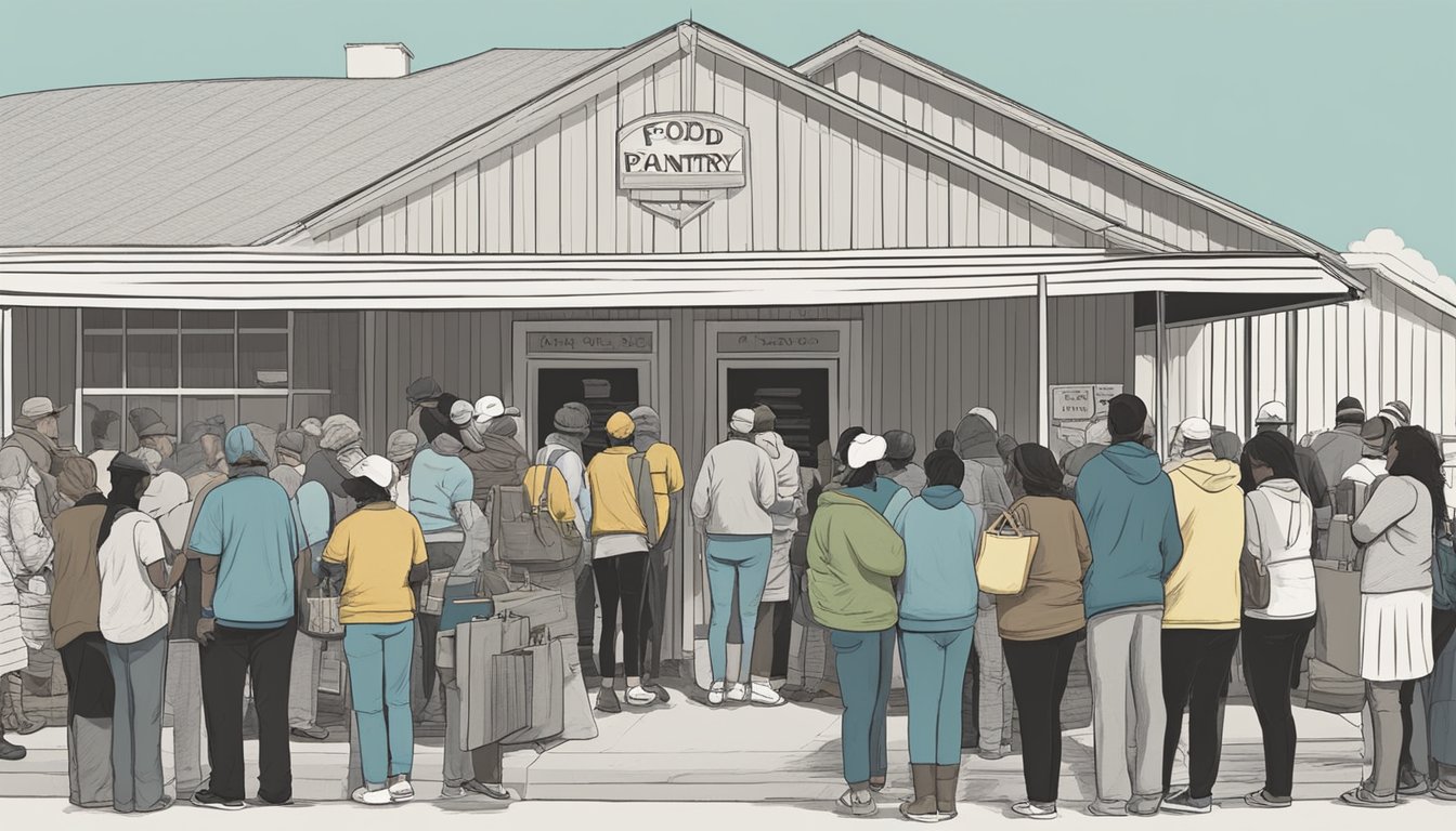 A line of people wait outside a food pantry in Castro County, Texas. Volunteers distribute groceries to those in need