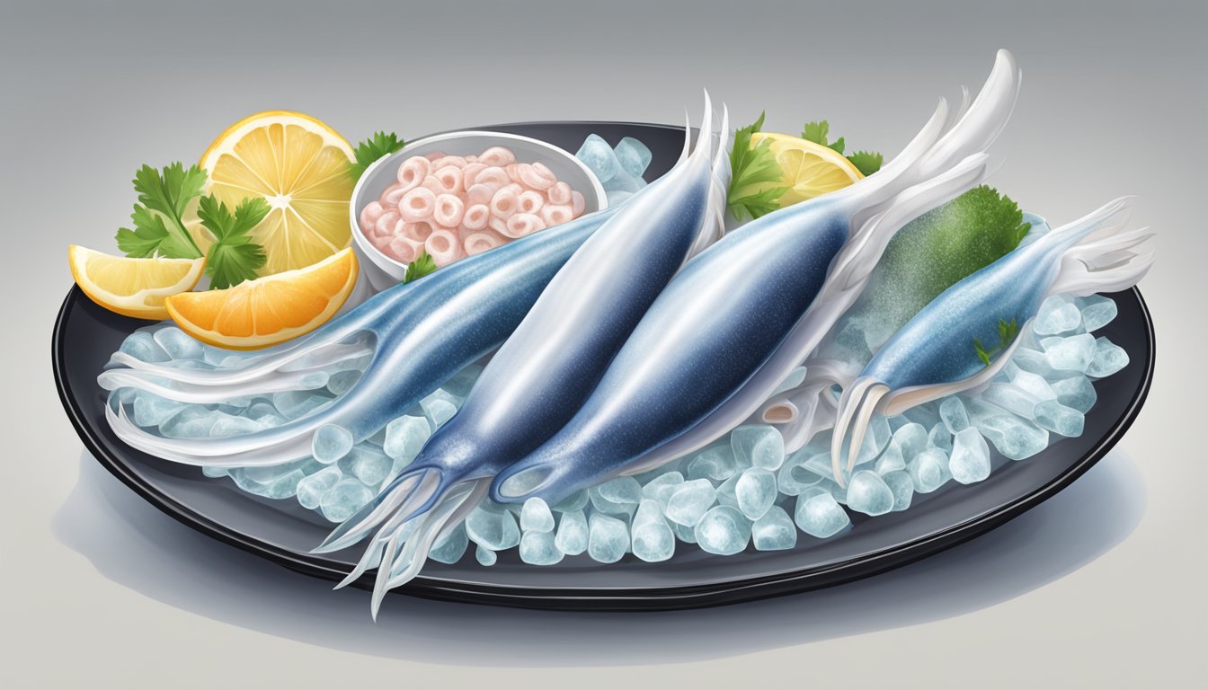 A platter of frozen and fresh squid, side by side. The frozen squid is icy and stiff, while the fresh squid is vibrant and flexible