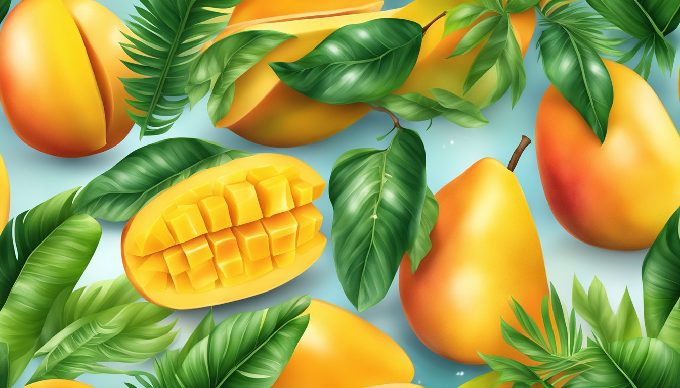 A vibrant mango fruit split in half, one side fresh and juicy, the other frozen and crystallized, set against a tropical backdrop